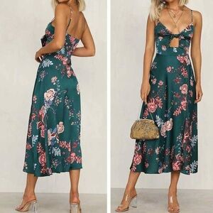 🆕 Spaghetti Strap Midi Satin Floral Sun Dress